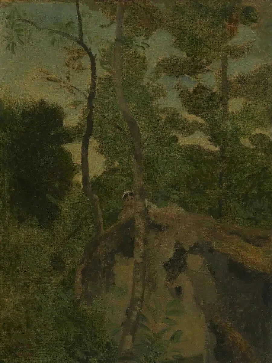 Les Alinges. Jeune fille couchée sur un rocher sous les arbres - Jean-Baptiste Camille Corot image 1 reproduction artisanale de tableau