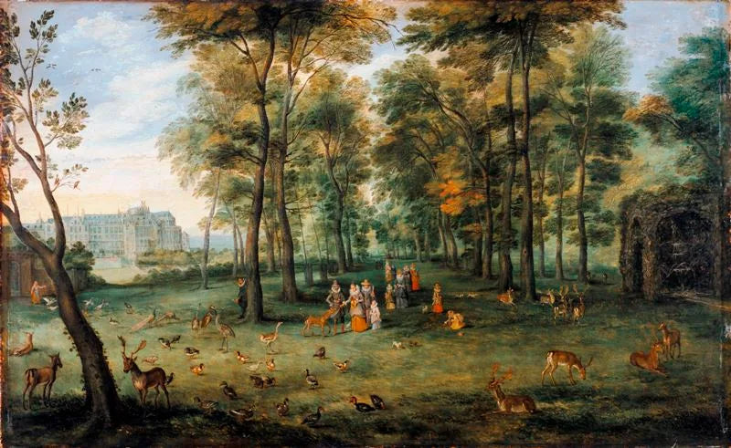 Les archiducs Albert et Isabelle se promenant dans le parc de leur palais bruxellois. - Jan Brueghel l'Ancien image 1 reproduction de peinture à l’huile