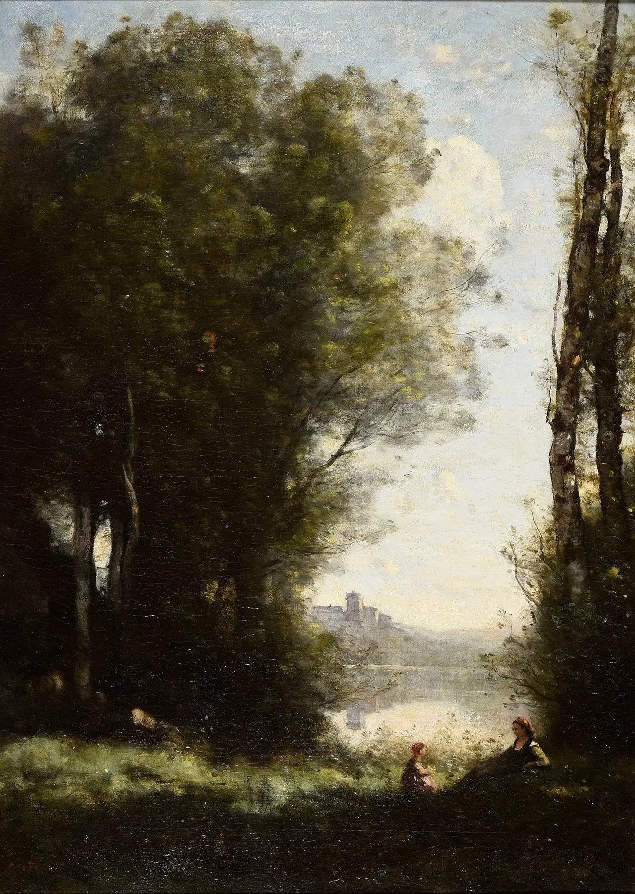 Les deux sœurs sous les arbres au bord du lac - Jean-Baptiste Camille Corot image 1 reproduction d’œuvre d’art à l’huile