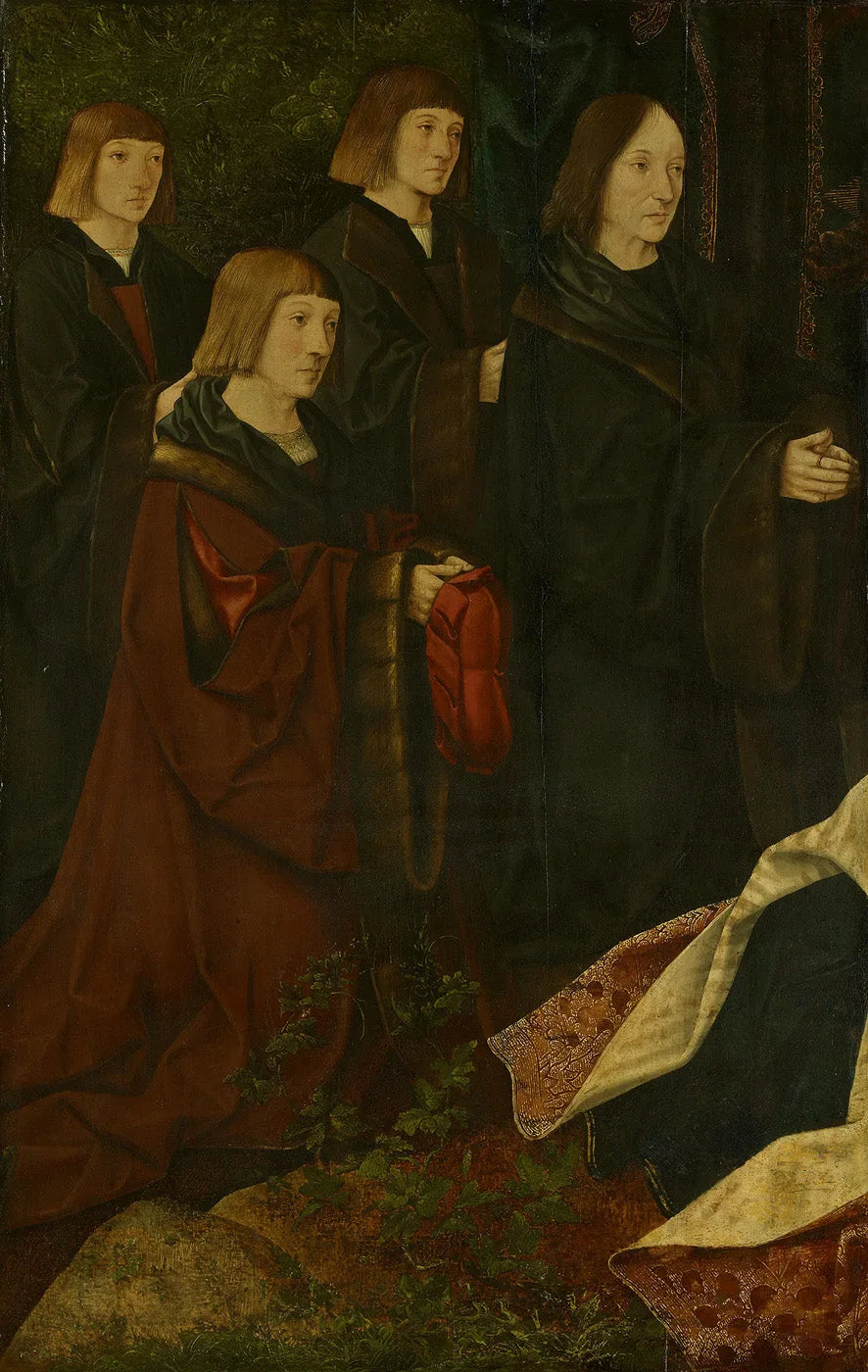 Les donateurs Korsgen Elbertzen et ses fils Dirck et Albert sont à gauche, avec les donneuses à droite. - Jacob Cornelisz van Oostsanen image 1 reproduction artisanale de tableau