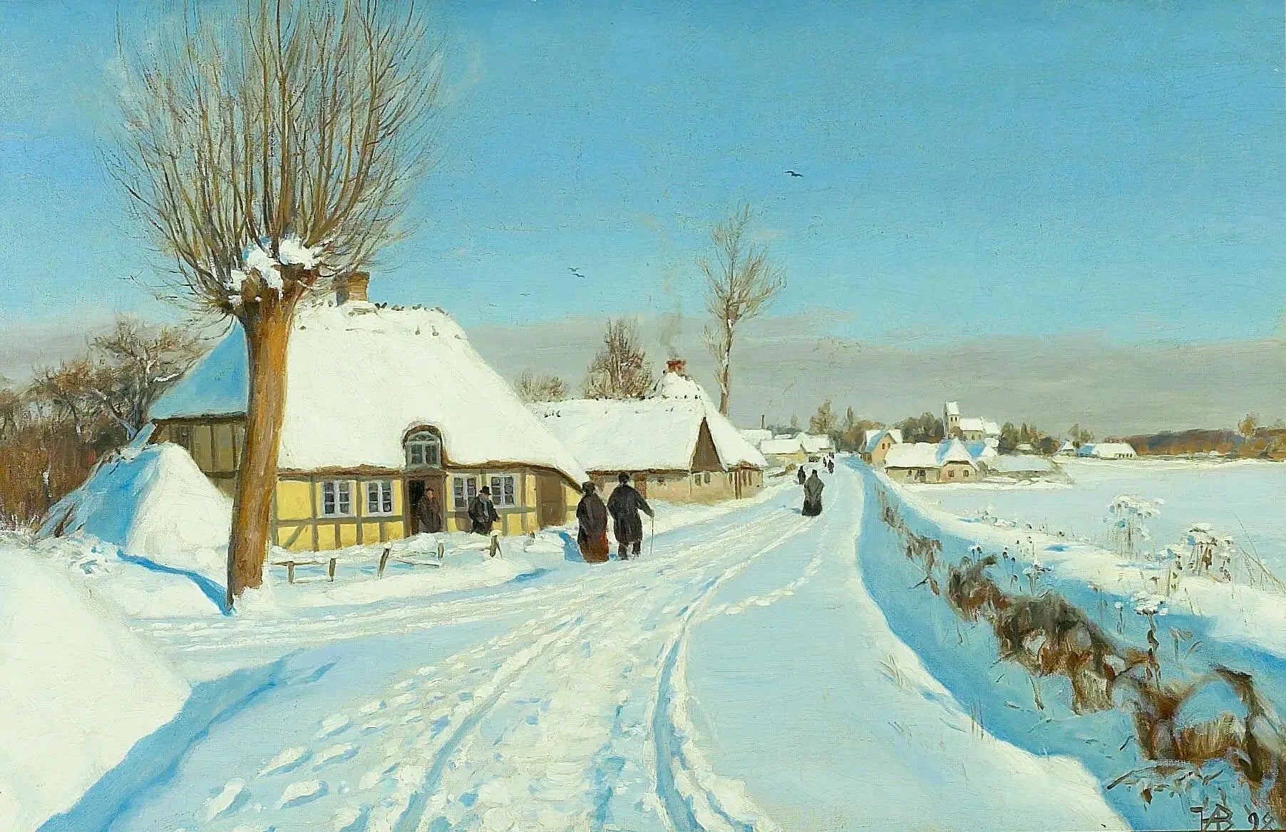 Les fidèles se dirigent vers l'église le matin de Noël. - H. A. Brendekilde image 1 copie peinte à la main à l’huile