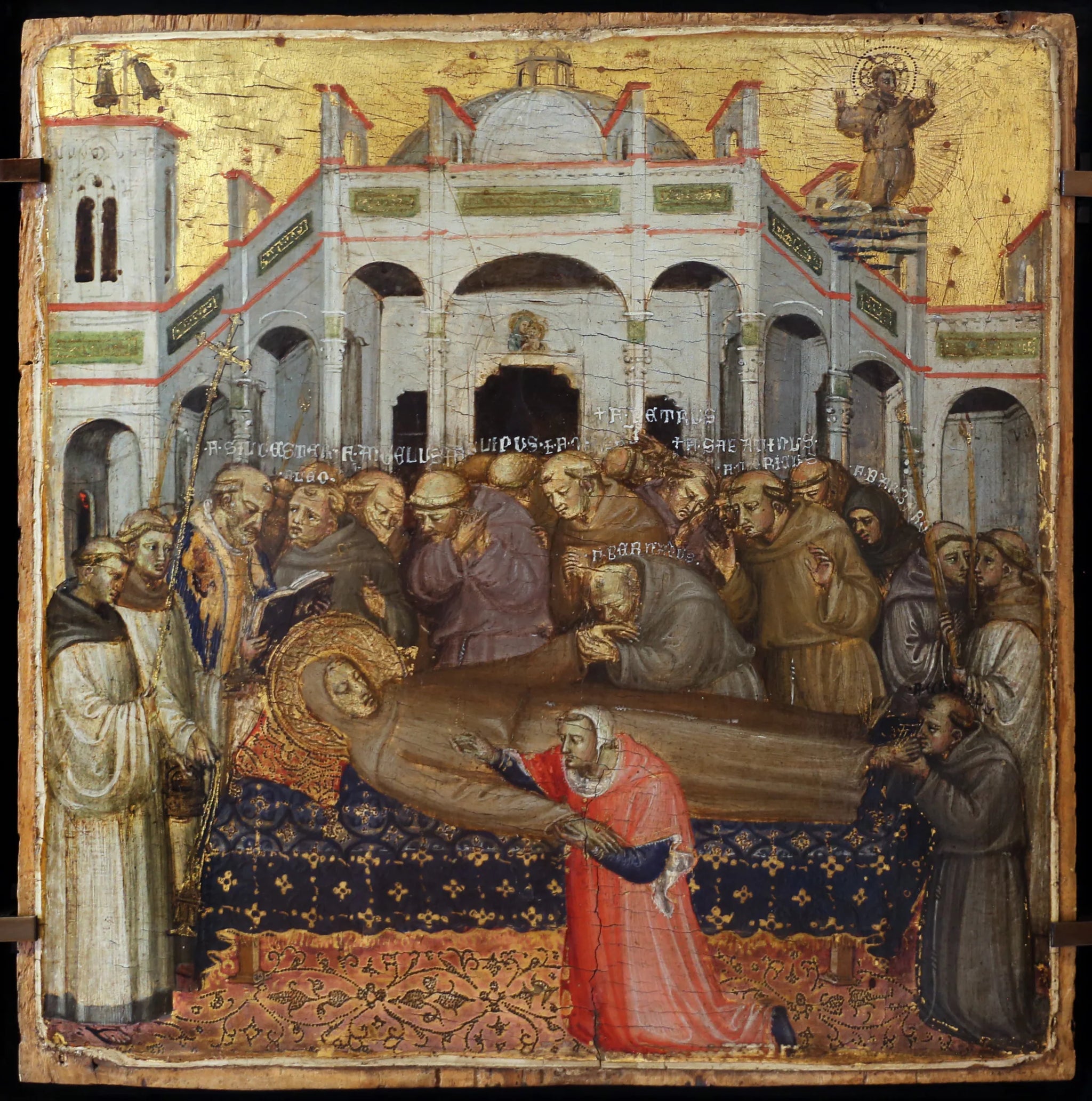 Les funérailles de saint François : vérification des stigmates en présence des premiers frères franciscains, Sylvestre, Angélus, Léon, Philippe, Pierre, Bernard, Sabatinus, Barbaro, Gilles, Masseus, Maurice. - Bicci di Lorenzo image 1 reproduction de peinture à l’huile