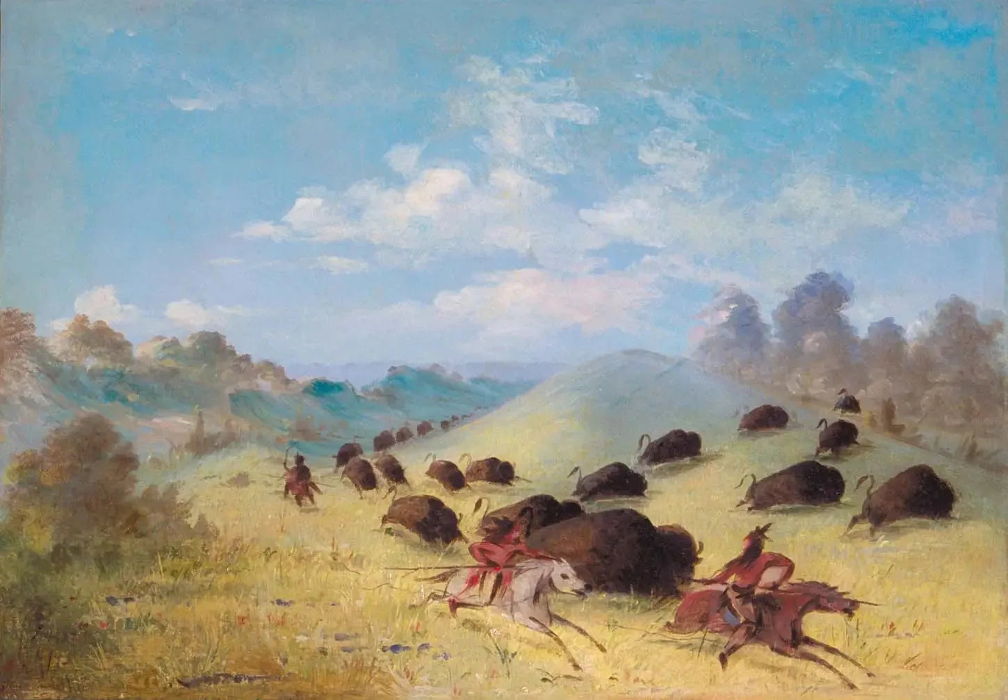 Les Indiens Comanches chassant le bison avec des lances et des arcs - George Catlin image 1 copie peinte à la main à l’huile