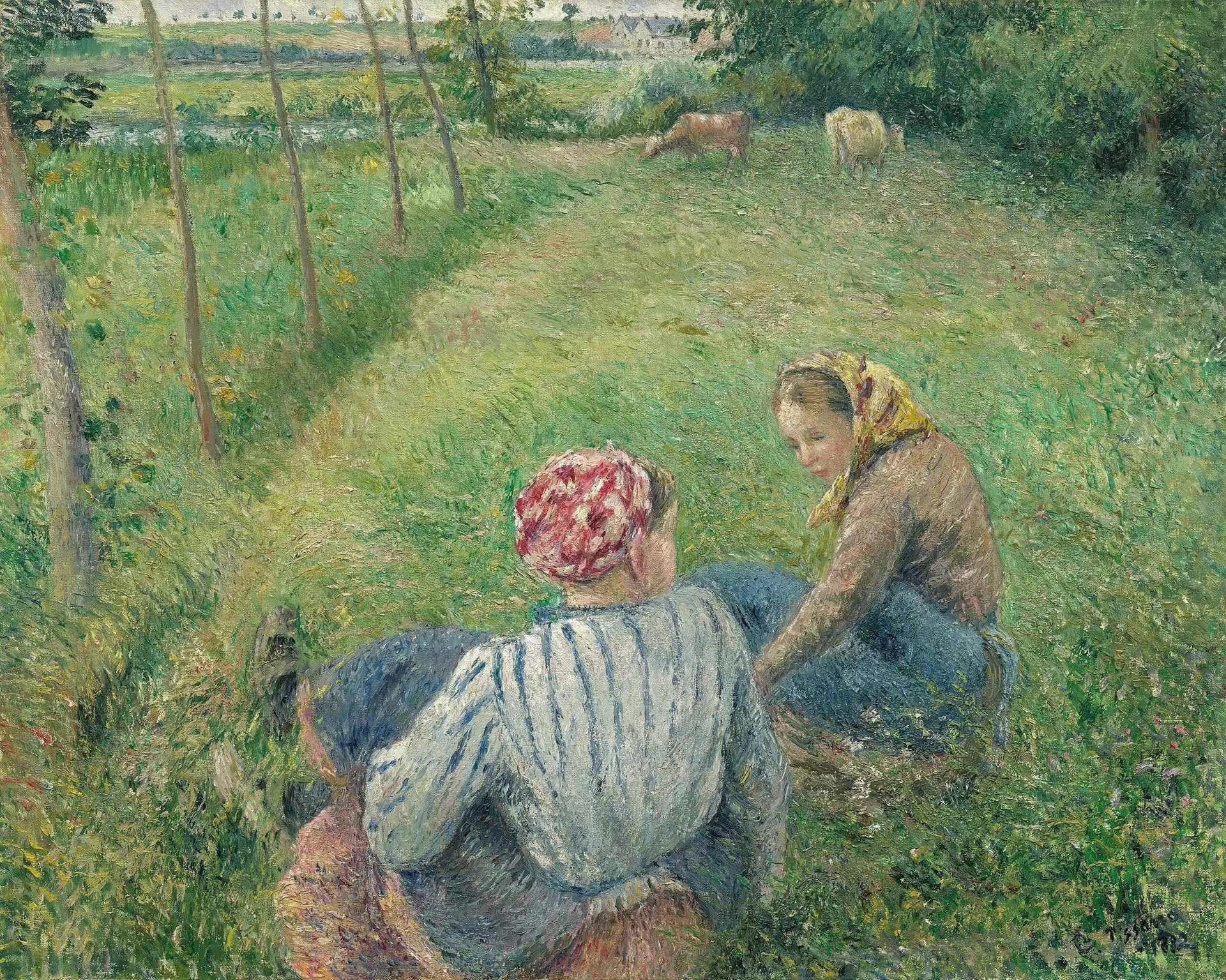 Les jeunes filles de paysans de repos dans les champs près de Pontoise - Camille Pissarro image 1 tableau peint à l’huile sur toile