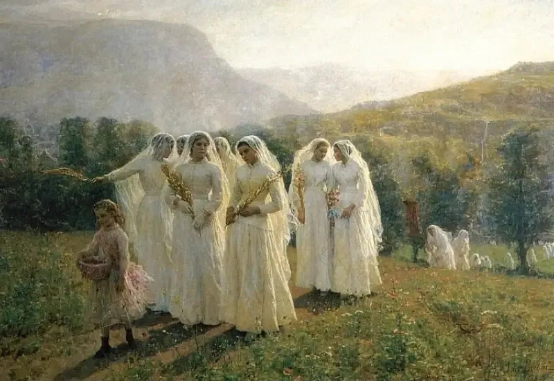 Les jeunes filles se rendent à la procession - Jules Breton image 1 reproduction de peinture à l’huile