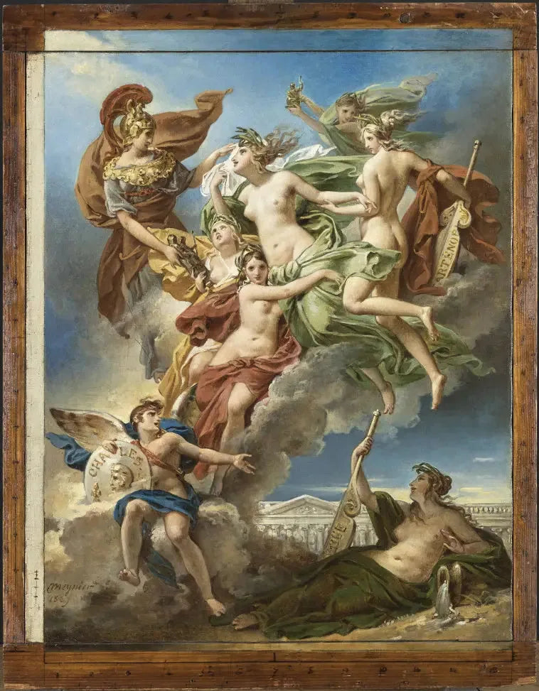 Les Nymphes de Parthénope, importantes loin de leurs rivages les Pénates, images de leurs dieux, sont conduites par la déesse des beaux-arts sur les bords de la Seine - Charles Meynier image 1 copie de tableau peinte à la main