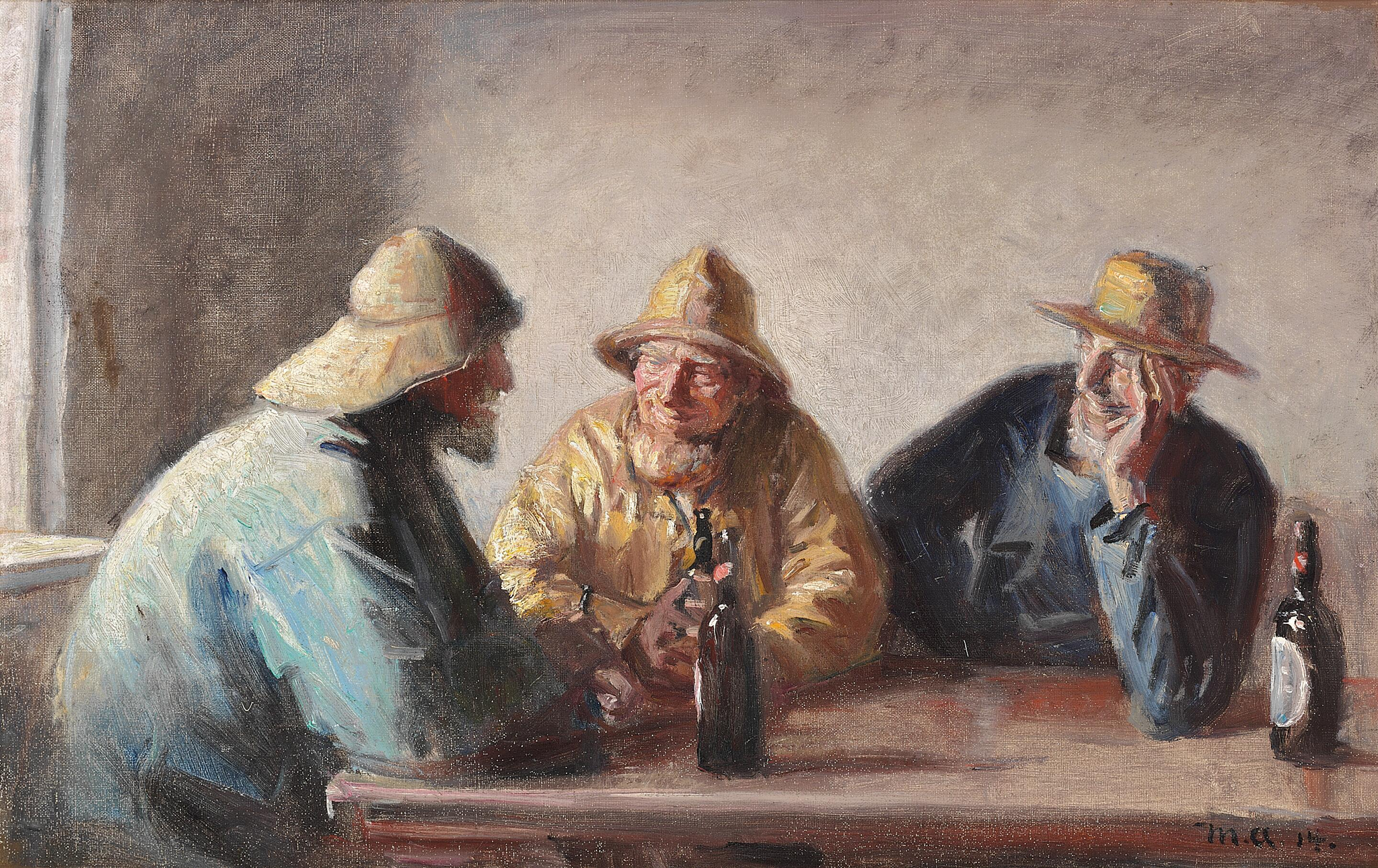Les pêcheurs Andreas Carlsen, Ole Malmer et Thomas Peter Larsen prennent une bière après le travail. - Michael Peter Ancher image 1 reproduction de peinture à l’huile