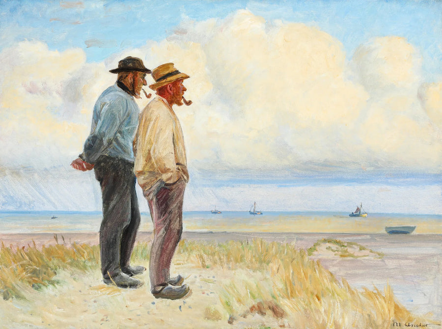Les pêcheurs de Skagen Rasmus Bergen Sørensen et Bøj Andersen debout sur la plage. - Michael Peter Ancher