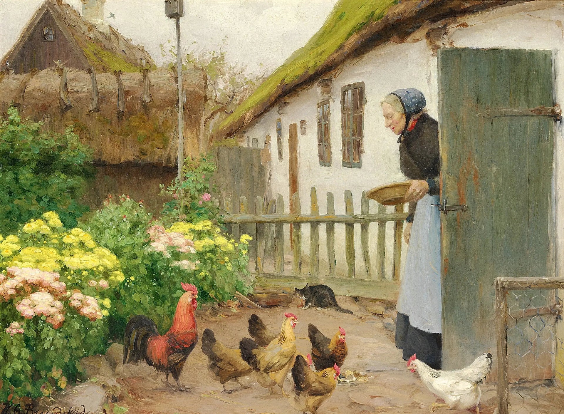 Les poules sont nourries. - H. A. Brendekilde image 1 tableau peint à l’huile sur toile