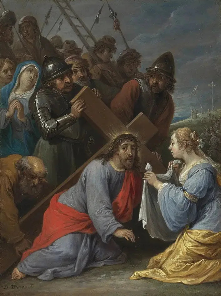 Les quinze secrets du rosaire : le portement de la croix par le Christ avec la rencontre avec Véronique - David Teniers le Jeune image 1 copie peinte à la main à l’huile