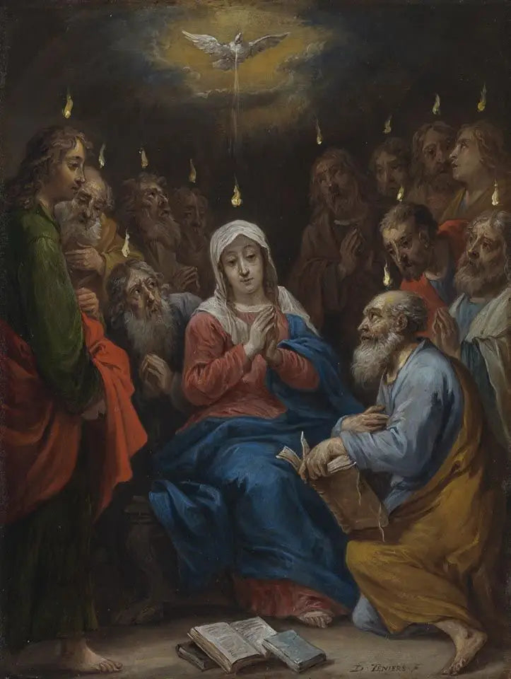 Les quinze secrets du rosaire : Pentecôte, le Saint-Esprit descend sur Marie et les apôtres - David Teniers le Jeune image 1 copie peinte à la main à l’huile