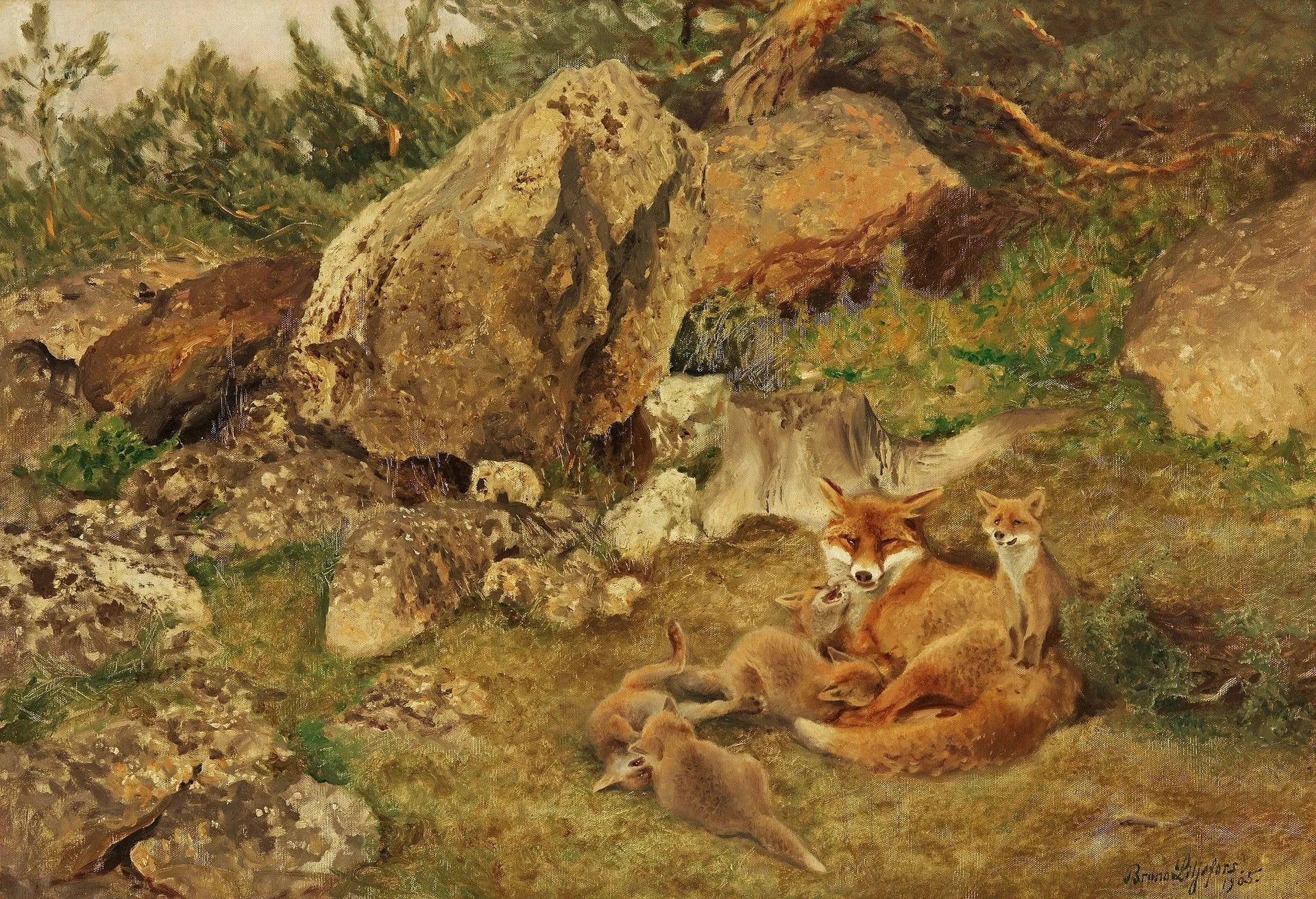 Les renardeaux jouent - Bruno Liljefors image 1 reproduction de peinture à l’huile