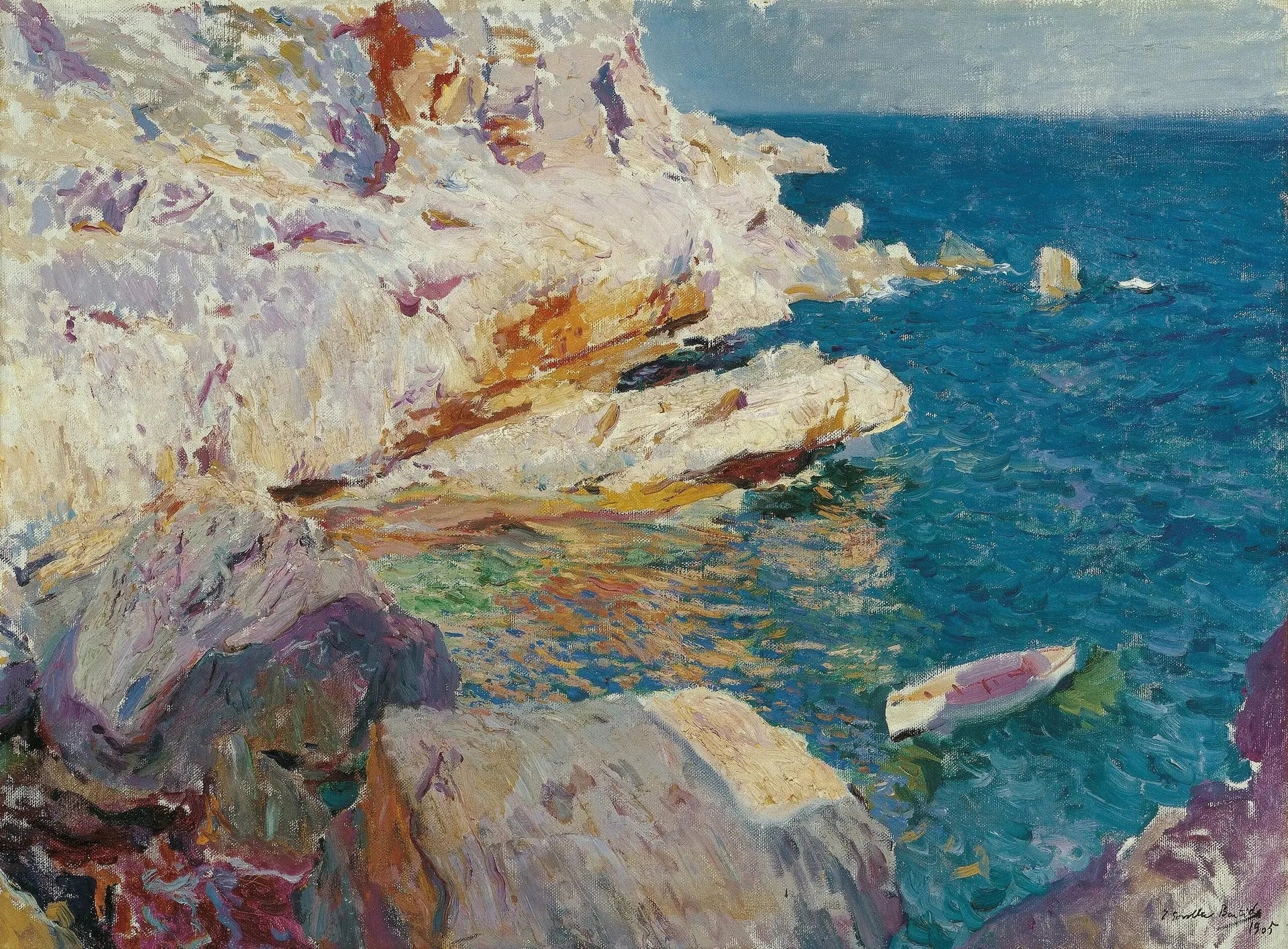 Les rochers de Jávea et le bateau blanc - Joaquín Sorolla image 1 copie peinte à la main à l’huile