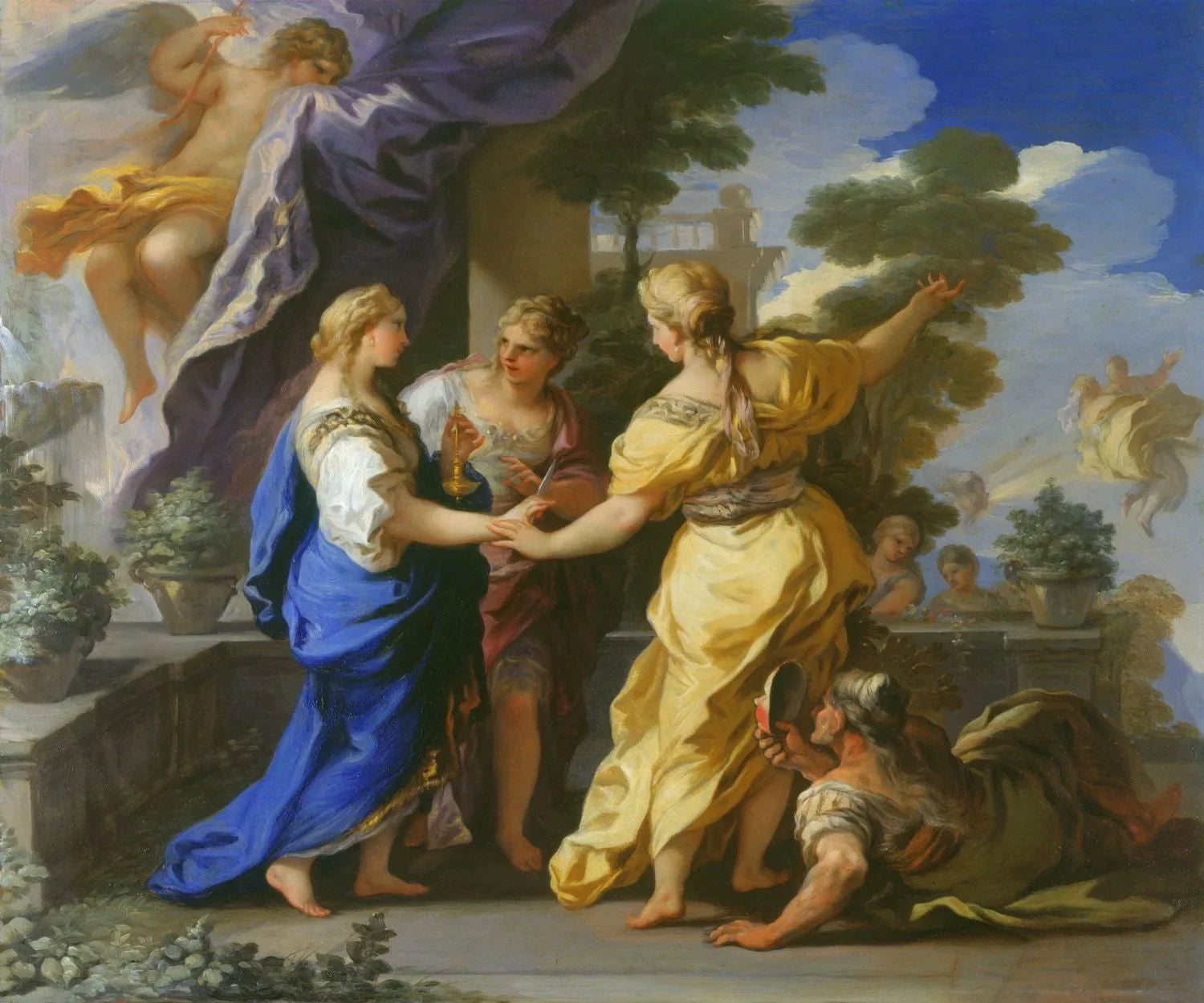 Les sœurs de Psyché lui offrent une lampe et un poignard. - Luca Giordano image 1 reproduction d’œuvre d’art à l’huile