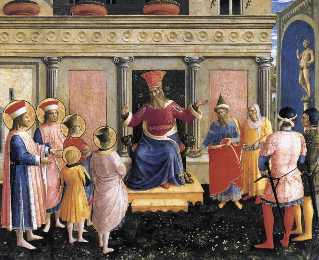 Les saints Côme et Damien avec leurs frères devant le proconsul Lysias - Fra Angelico image 1 copie peinte à la main à l’huile