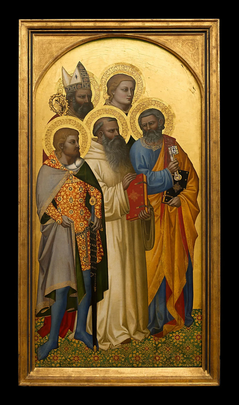 les Saints Pierre, Benoît, Julien (?), Etienne (?) et un saint évêque (Nicolas de Bari ?). - Nardo di Cione