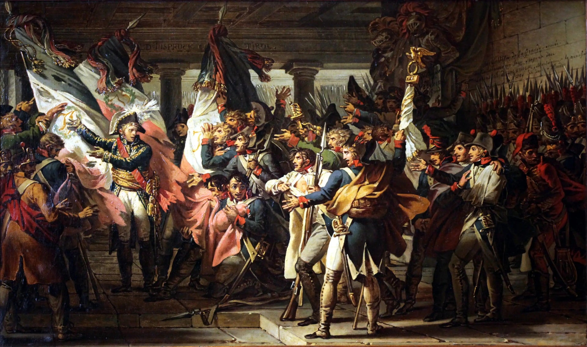 Les soldats du 76e de ligne rétrouvant leurs drapeaux dans l'arsenal d'Innsbruck - Charles Meynier image 1 tableau peint à l’huile sur toile
