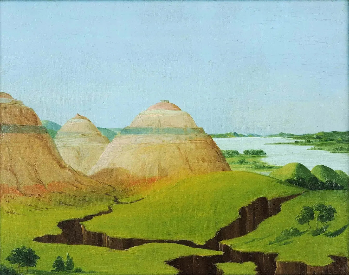 Les Trois Dômes, Clay Bluffs à 15 miles au-dessus du village de Mandan - George Catlin image 1 copie peinte à la main à l’huile