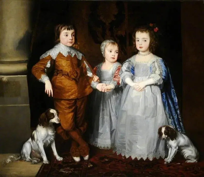 Les trois plus jeunes enfants de Charles Ier (Charles, Jacques et Marie) avec leurs chiens - Antoine van Dyck image 1 copie peinte à la main à l’huile