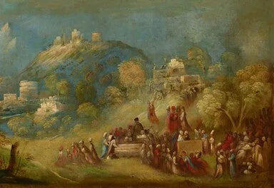 Les Troyens construisent le temple de Vénus à Éryx et font des offrandes au tombeau d'Anchise - Dosso Dossi