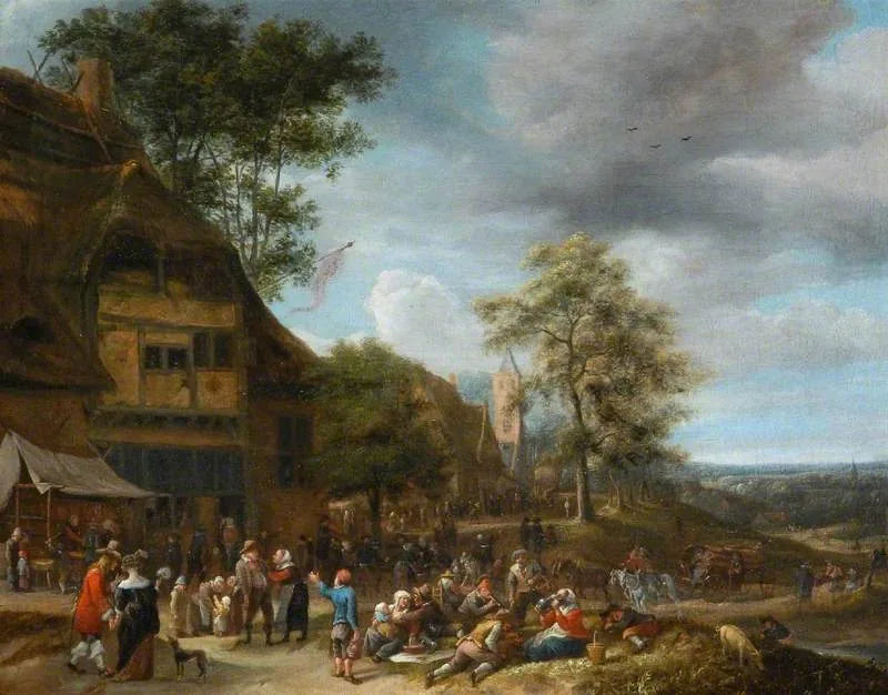 Les villageois font la fête devant une auberge - Jan Steen image 1 copie peinte à la main à l’huile