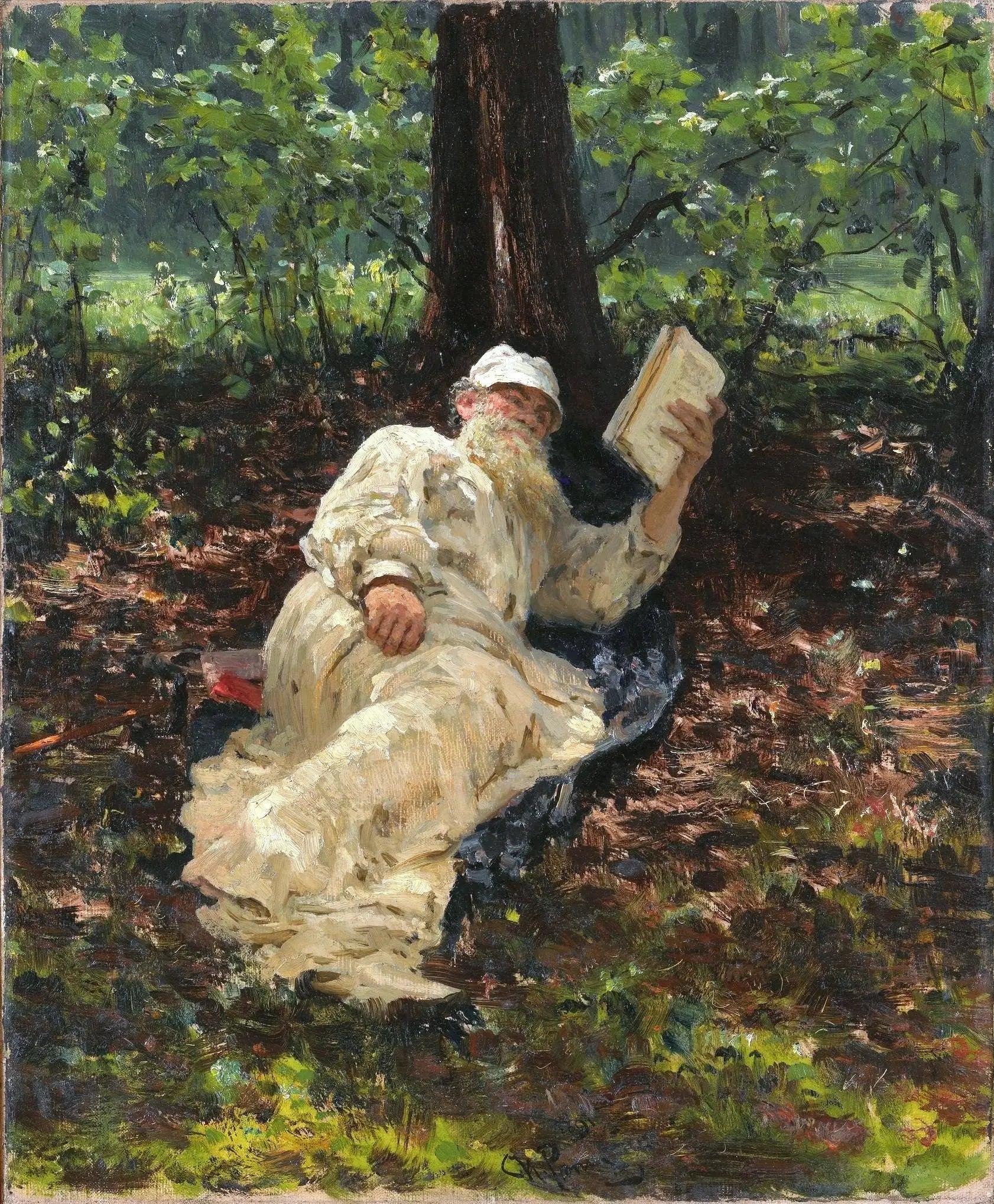 Lev Nikolaïevitch Tolstoï se repose dans la forêt. - Ilya Repin image 1 copie peinte à la main à l’huile