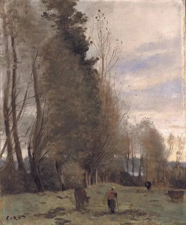 Lieu de repos du ranch, paysan et trois vaches - Jean-Baptiste Camille Corot image 1 tableau peint à l’huile sur toile