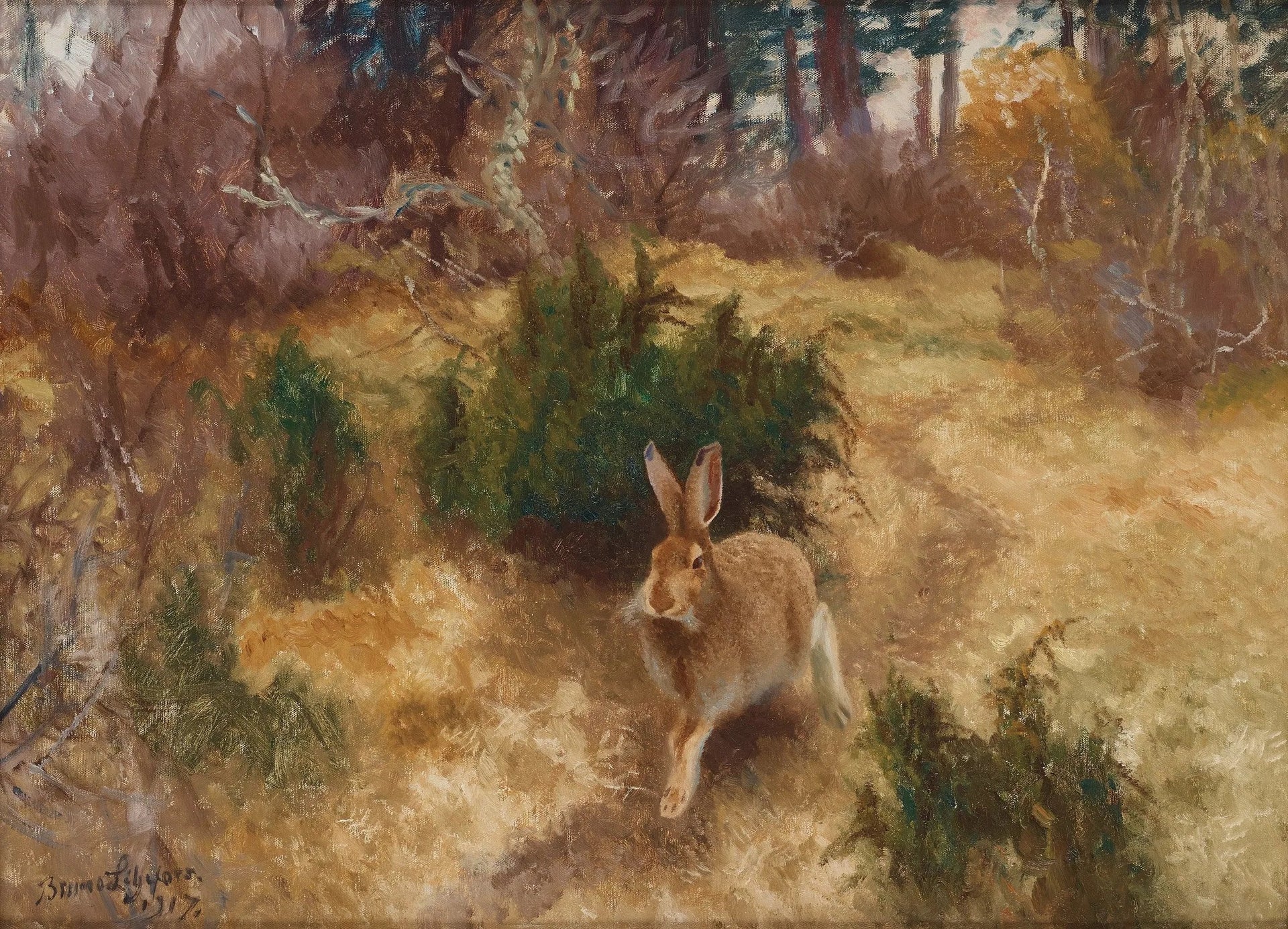 Lièvre dans un paysage d'automne - Bruno Liljefors image 1 reproduction de peinture à l’huile