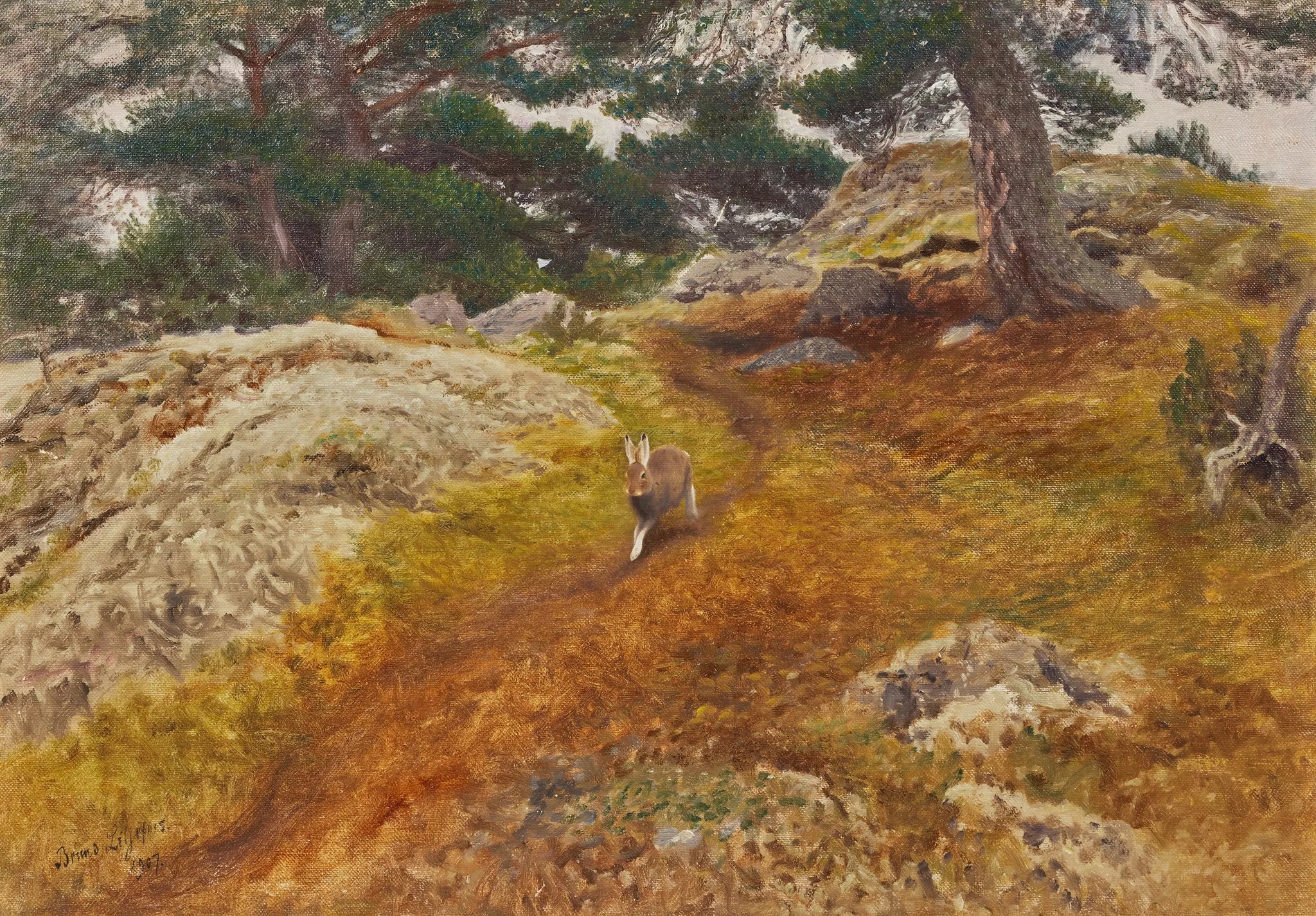 Lièvre dans un paysage forestier - Bruno Liljefors image 1 copie peinte à la main à l’huile