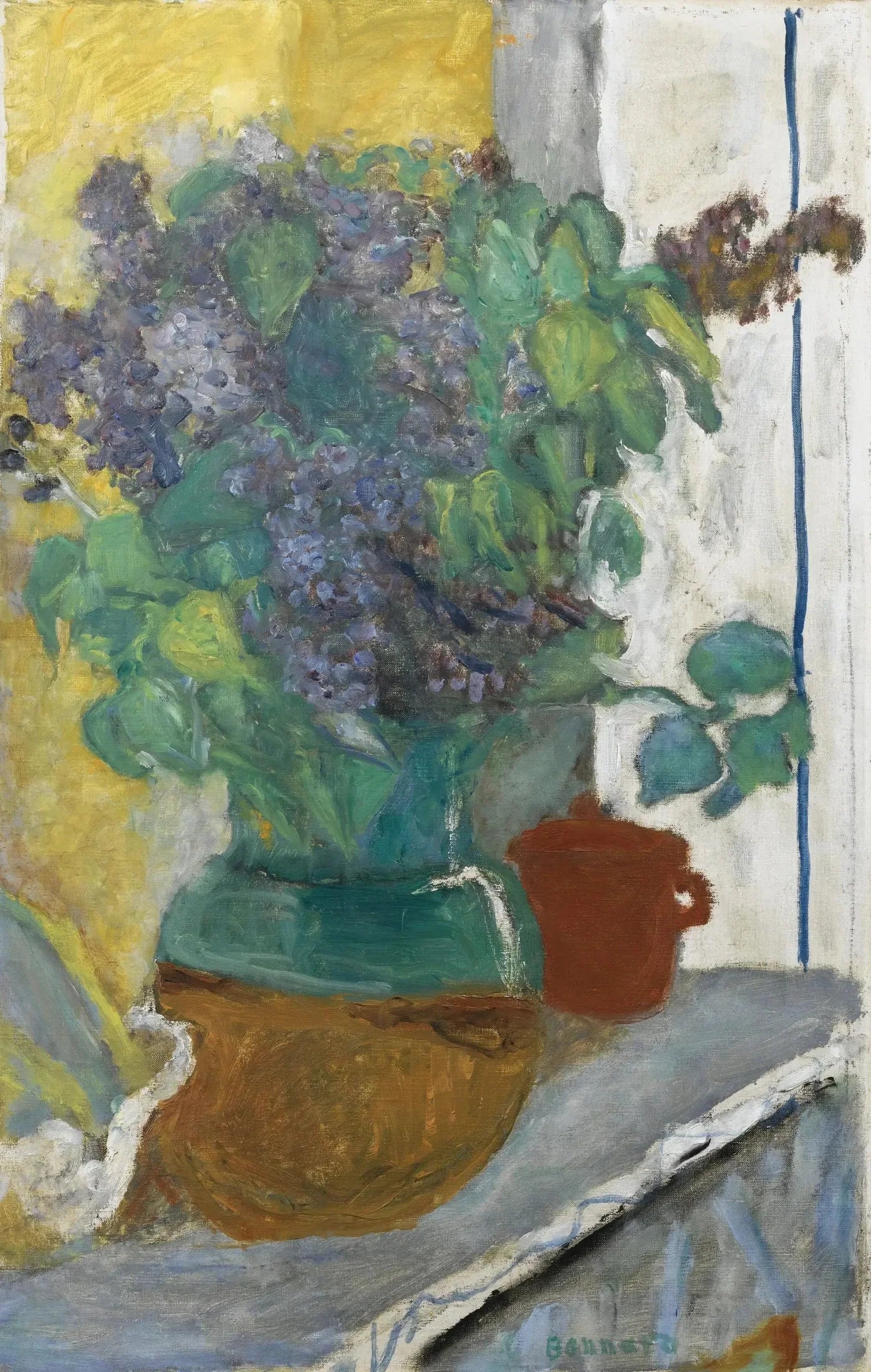 Lilas mauve dans un vase de terre jaune et vert - Pierre Bonnard image 1 reproduction d’œuvre d’art à l’huile