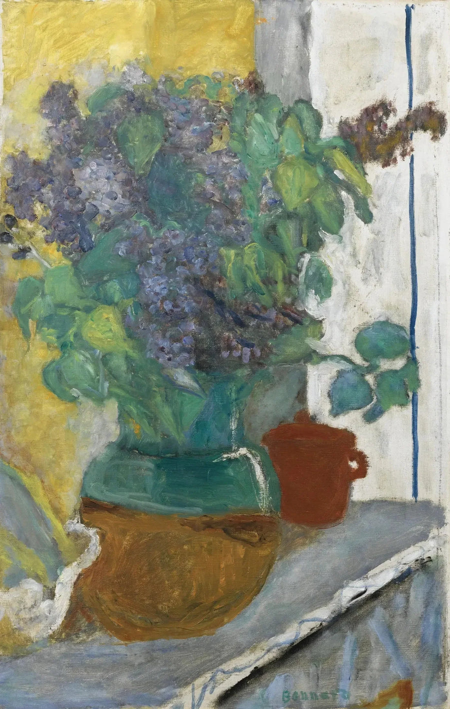 Lilas mauve dans un vase de terre jaune et vert - Pierre Bonnard