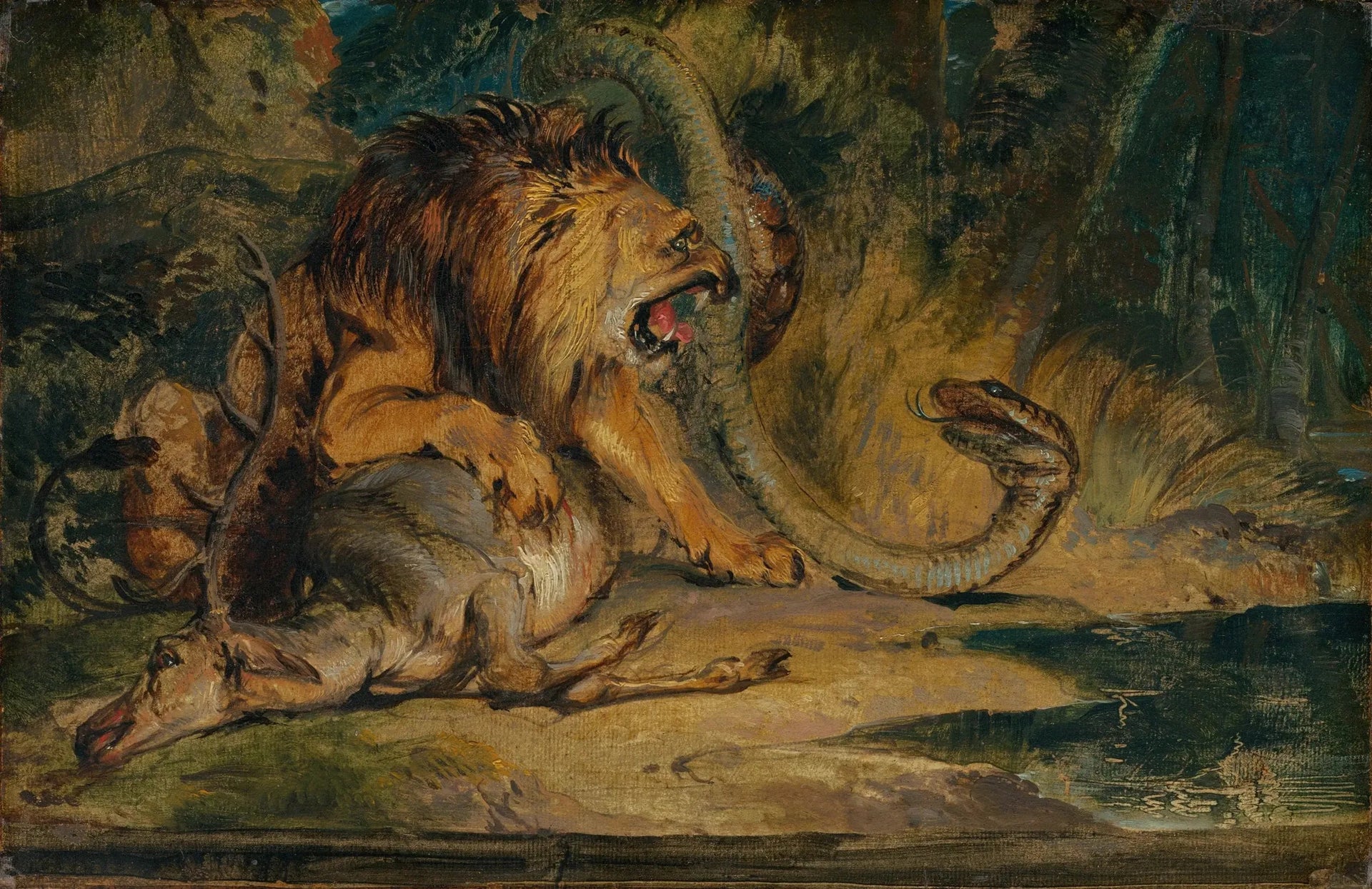 Lion défendant sa proie - Edwin Henry Landseer image 1 reproduction de peinture à l’huile