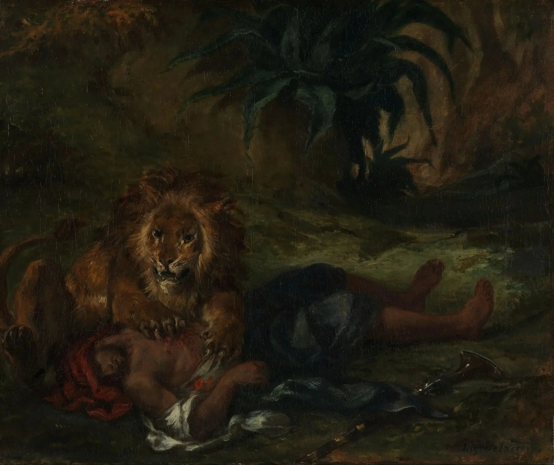 Lion dévorant un arabe - Eugène Delacroix image 1 reproduction artisanale de tableau