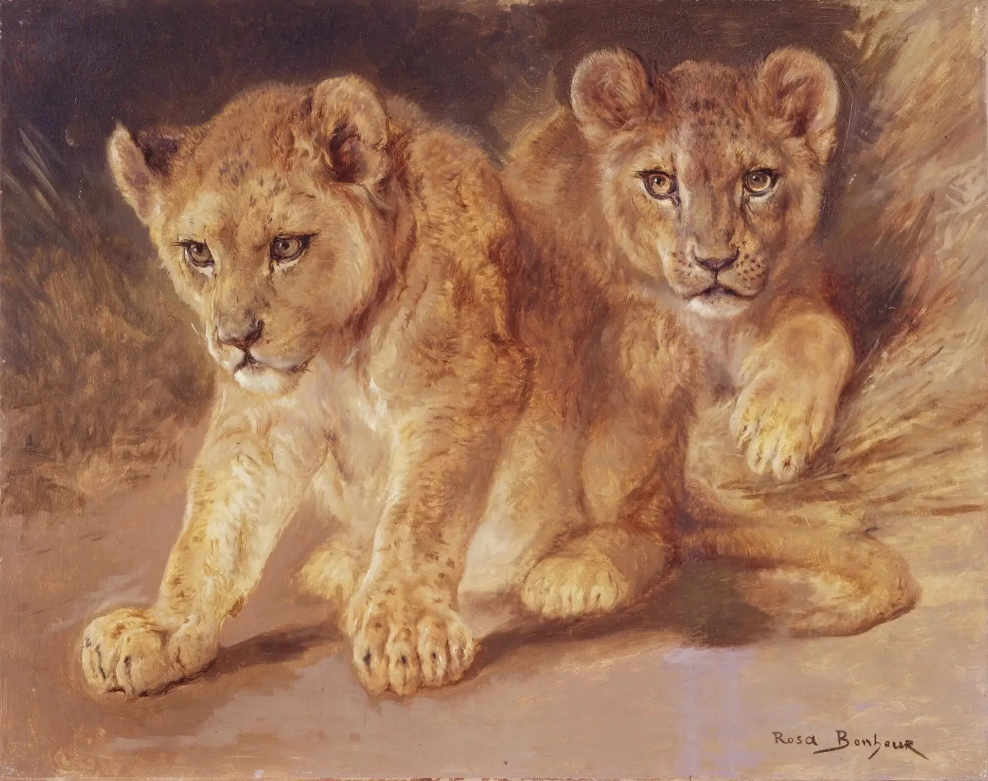 Lionceaux - Rosa Bonheur image 1 copie peinte à la main à l’huile