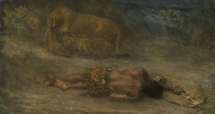 Une lionne et ses petits près d'un homme noir mort, appelé « Nemesis » - John Macallan Swan