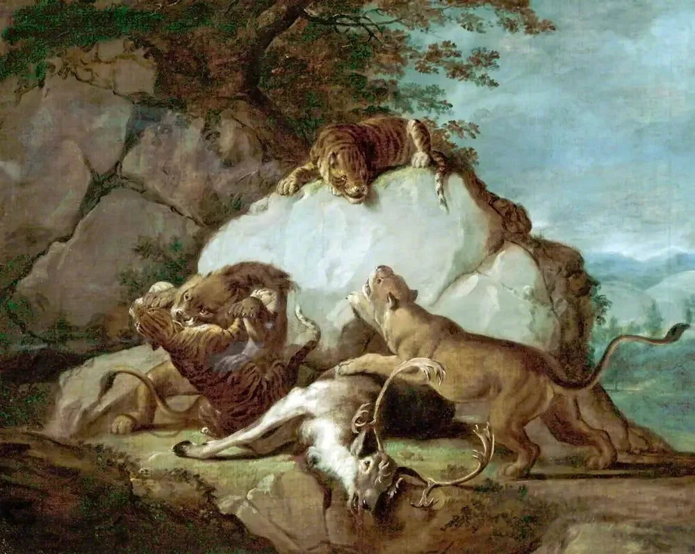 Lions et tigres se battant pour un cerf - George Stubbs image 1 reproduction réalisée par Alpha Reproduction