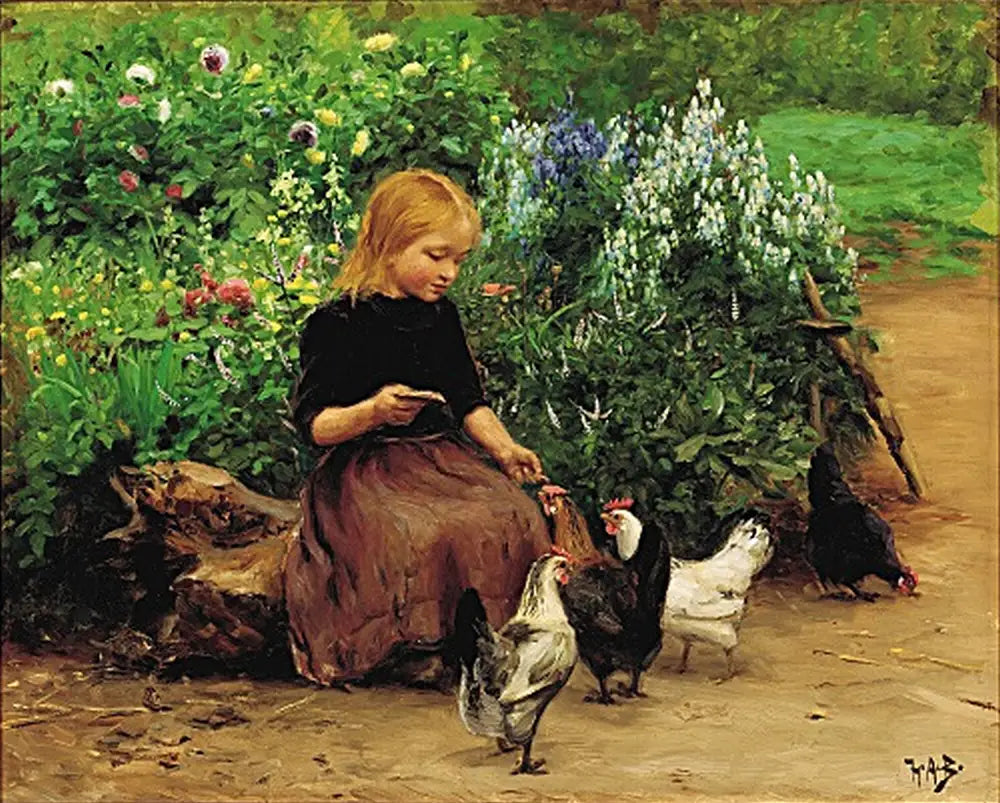 Lise nourrit les poules. - H. A. Brendekilde image 1 tableau peint à l’huile sur toile