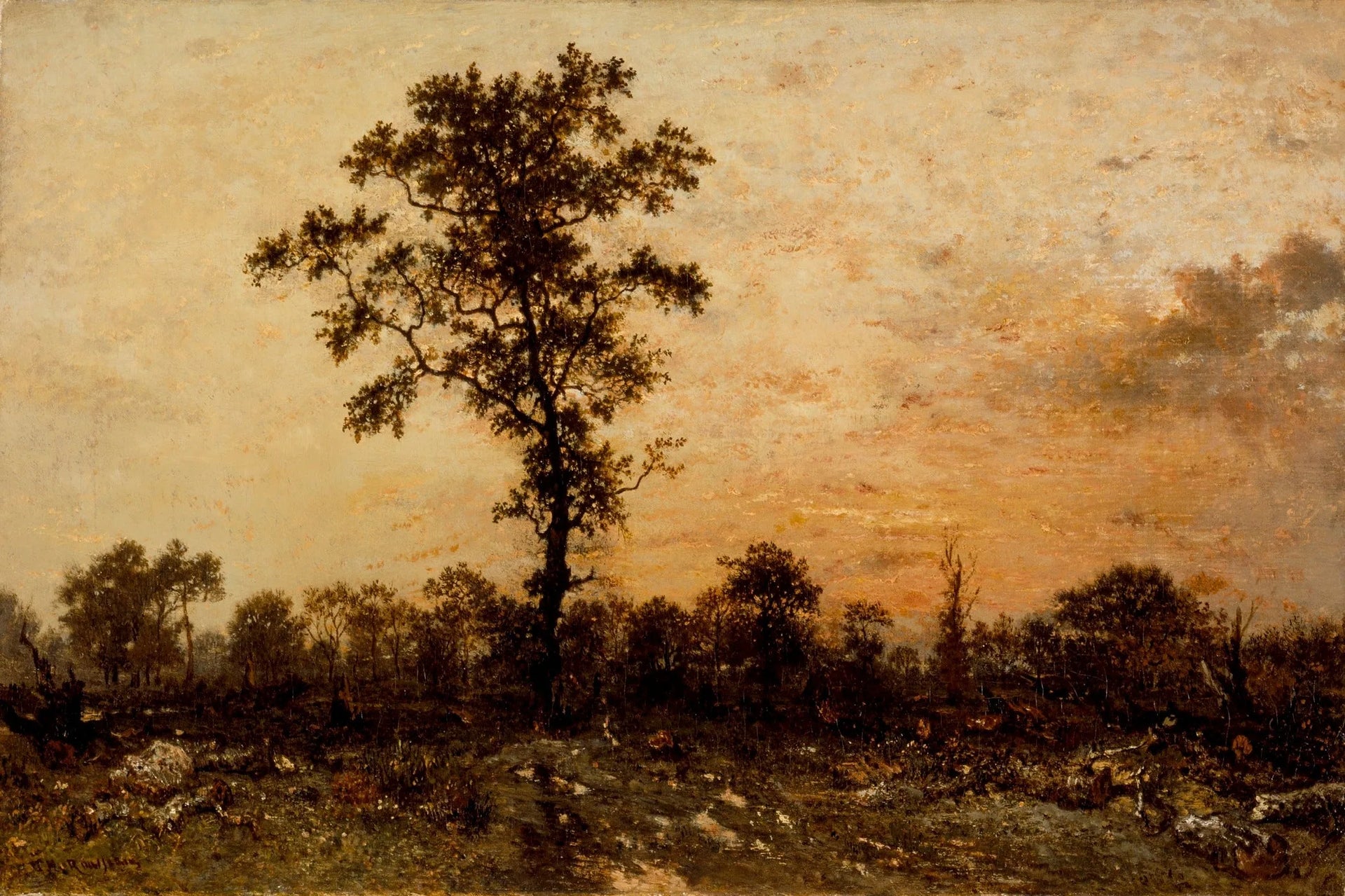 Lisière de forêt, coucher de soleil - Théodore Rousseau image 1 reproduction artisanale de tableau