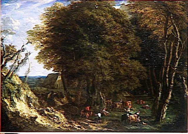 Lisière de forêt avec bergers et femmes trayant des vaches - Cornelis Huysmans