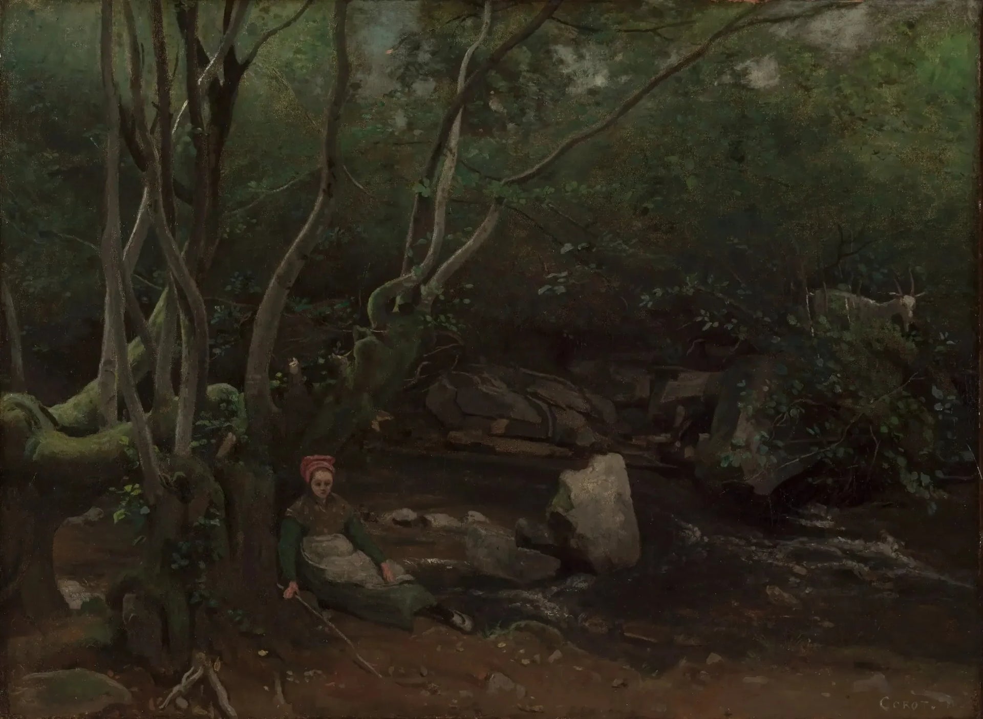 Lormes, Une chevrière assise au bord d'un torrent sous bois - Jean-Baptiste Camille Corot image 1 copie de tableau peinte à la main
