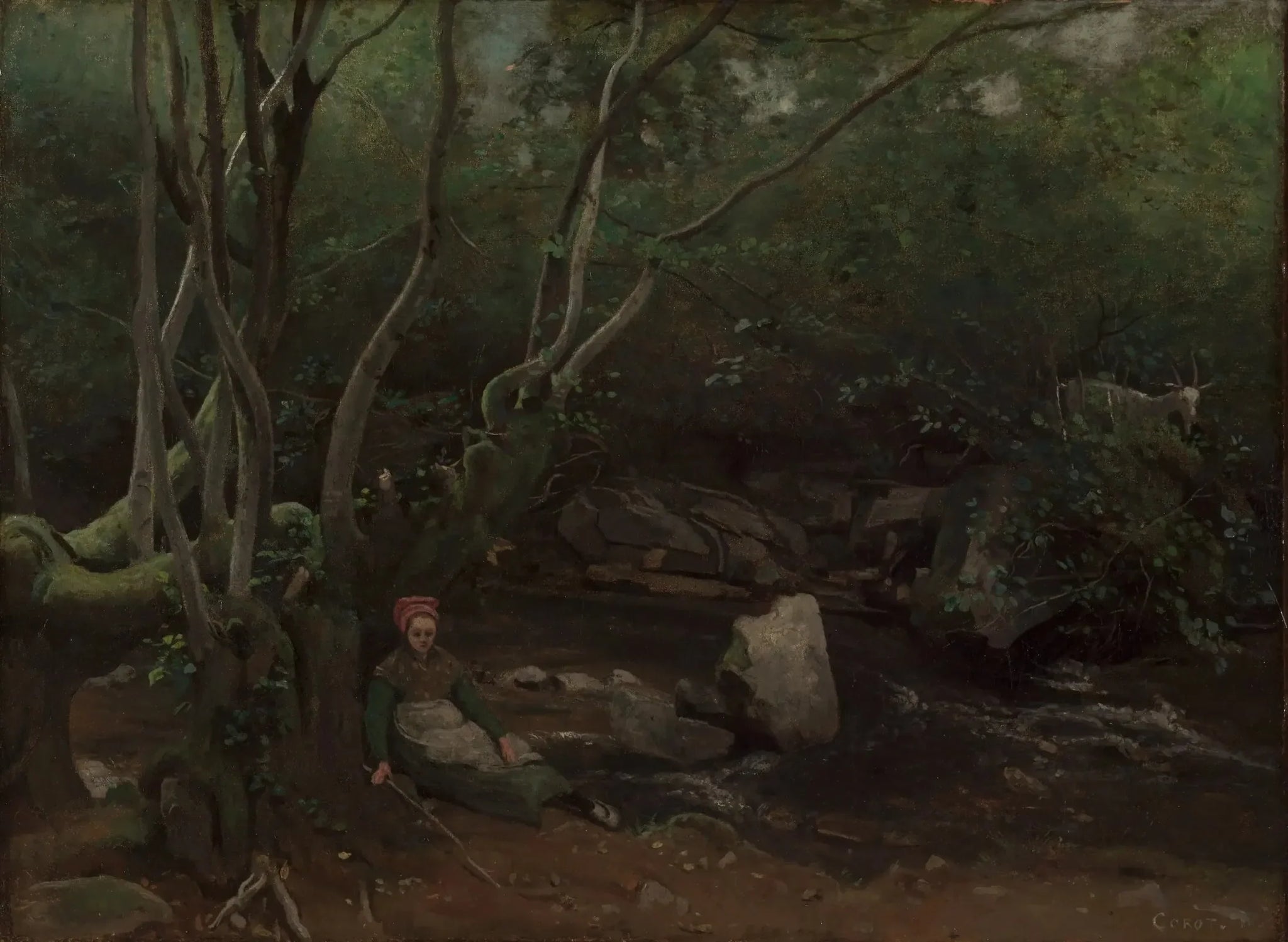 Lormes, Une chevrière assise au bord d'un torrent sous bois - Jean-Baptiste Camille Corot image 1 copie de tableau peinte à la main