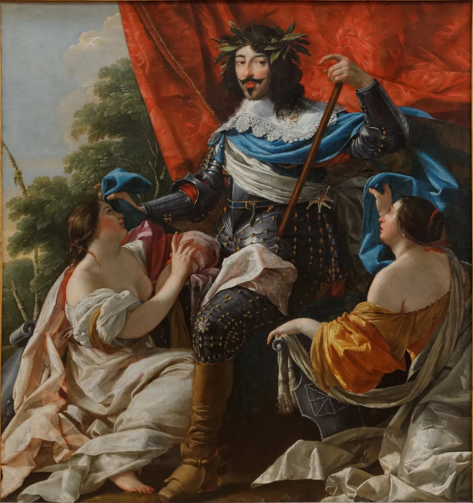 Louis XIII entre deux figures de femmes symbolisant la France et la Navarre - Simon Vouet image 1 copie peinte à la main à l’huile