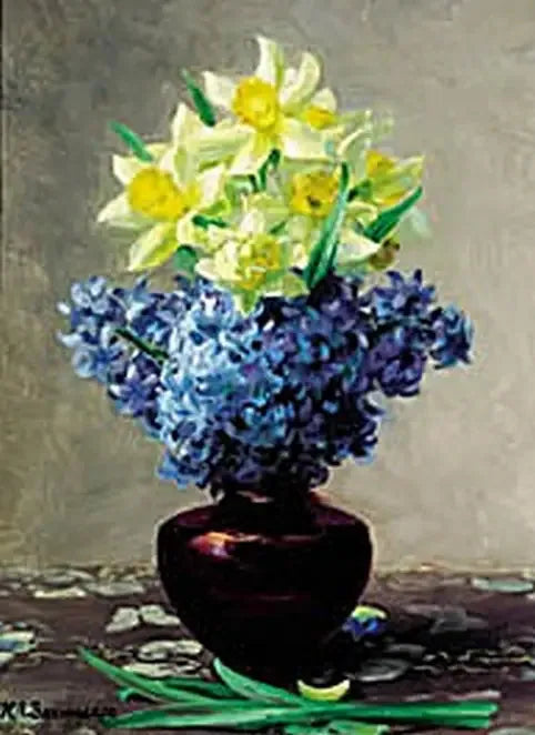 Lys et jacinthes de Carême dans un bocal. - H. A. Brendekilde image 1 reproduction de peinture à l’huile