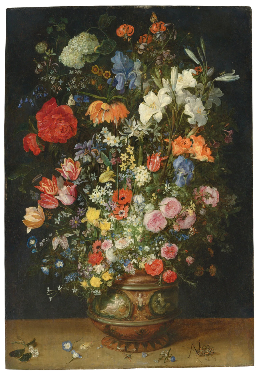 Lys, tulipes, roses et autres fleurs dans un vase ornemental sur un rebord, avec des papillons et des coléoptères. - Jan Brueghel l'Ancien