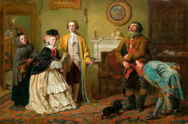 M. Honeywood présente les huissiers à Mlle Richland comme ses amis (extrait de « L'Homme de bonne nature » d'Oliver Goldsmith, acte III, scène 1) - William Powell Frith image 1 copie peinte à la main à l’huile