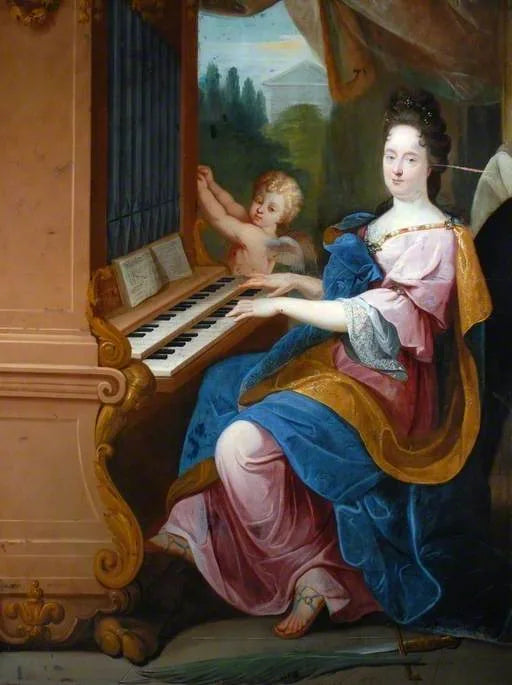 Madame de Maintenon dans le rôle de Sainte Cécile et un garçon (peut-être le duc de Maine) dans celui d'un ange soufflant dans un orgue - Jean-Baptiste Jouvenet image 1 tableau peint à l’huile sur toile