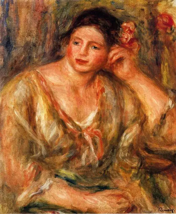 Madeleine appuyée sur son coude avec des fleurs dans les cheveux - Pierre-Auguste Renoir image 1 tableau peint à l’huile sur toile
