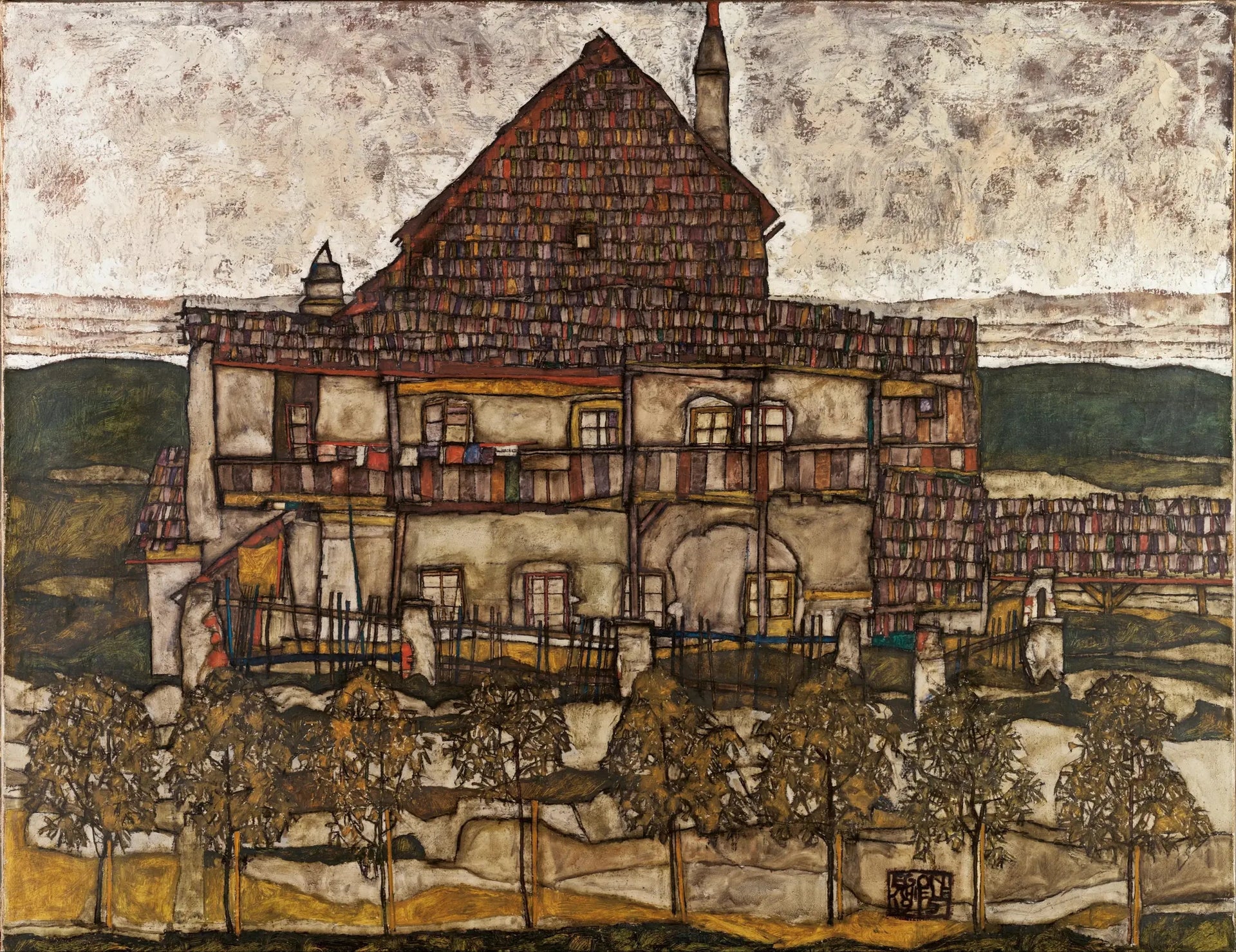 Maison avec toit de bardeaux - Egon Schiele image 1 copie peinte à la main à l’huile