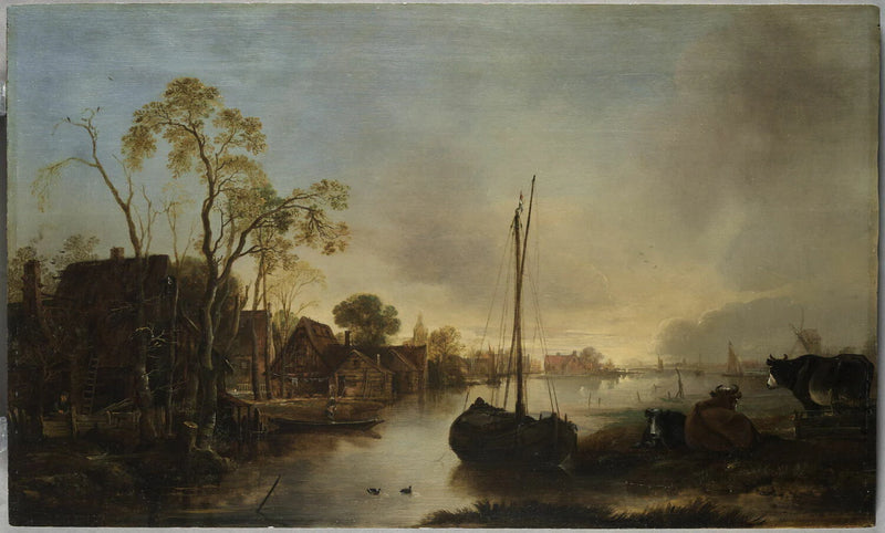 Maisons et vaches au bord de l'eau - Aert van der Neer