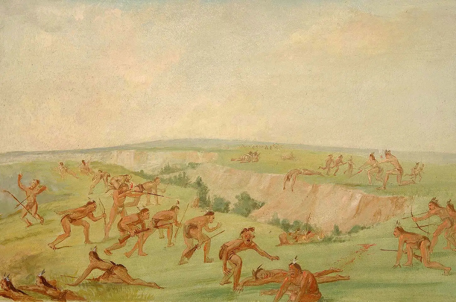 Mandan attaquant un groupe d'Arikara - George Catlin image 1 copie de tableau peinte à la main